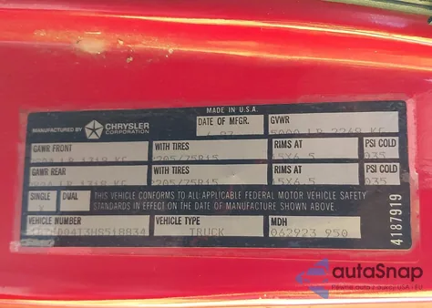 1987 Dodge D-Series D100 from USA, damaged, VIN 1B7FD04T3HS518834